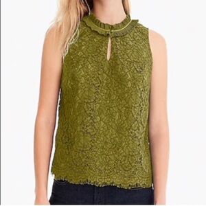 J. Crew Lace Ruffle Neck Sleeveless Burnished Miss Green Top, Medium/Tall